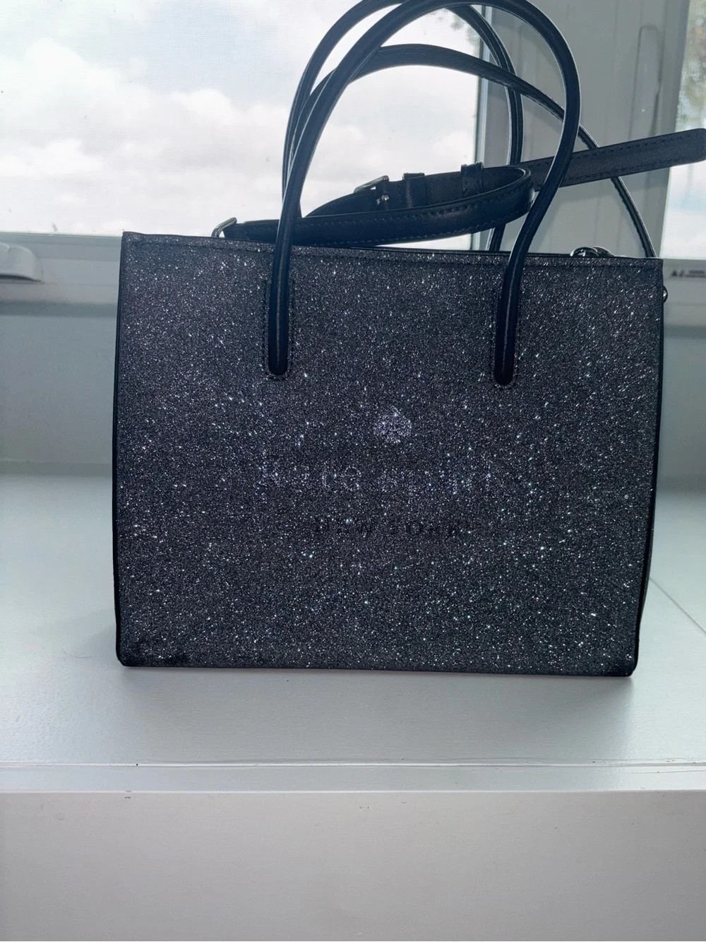 kate spade Metallic Navy Trista Glitter Shopper Structured crossbody tote